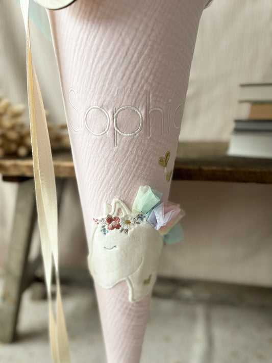 Schultüte BOHO PONY Pferdekopf | Musselin Hellrosa | Name optional wählbar