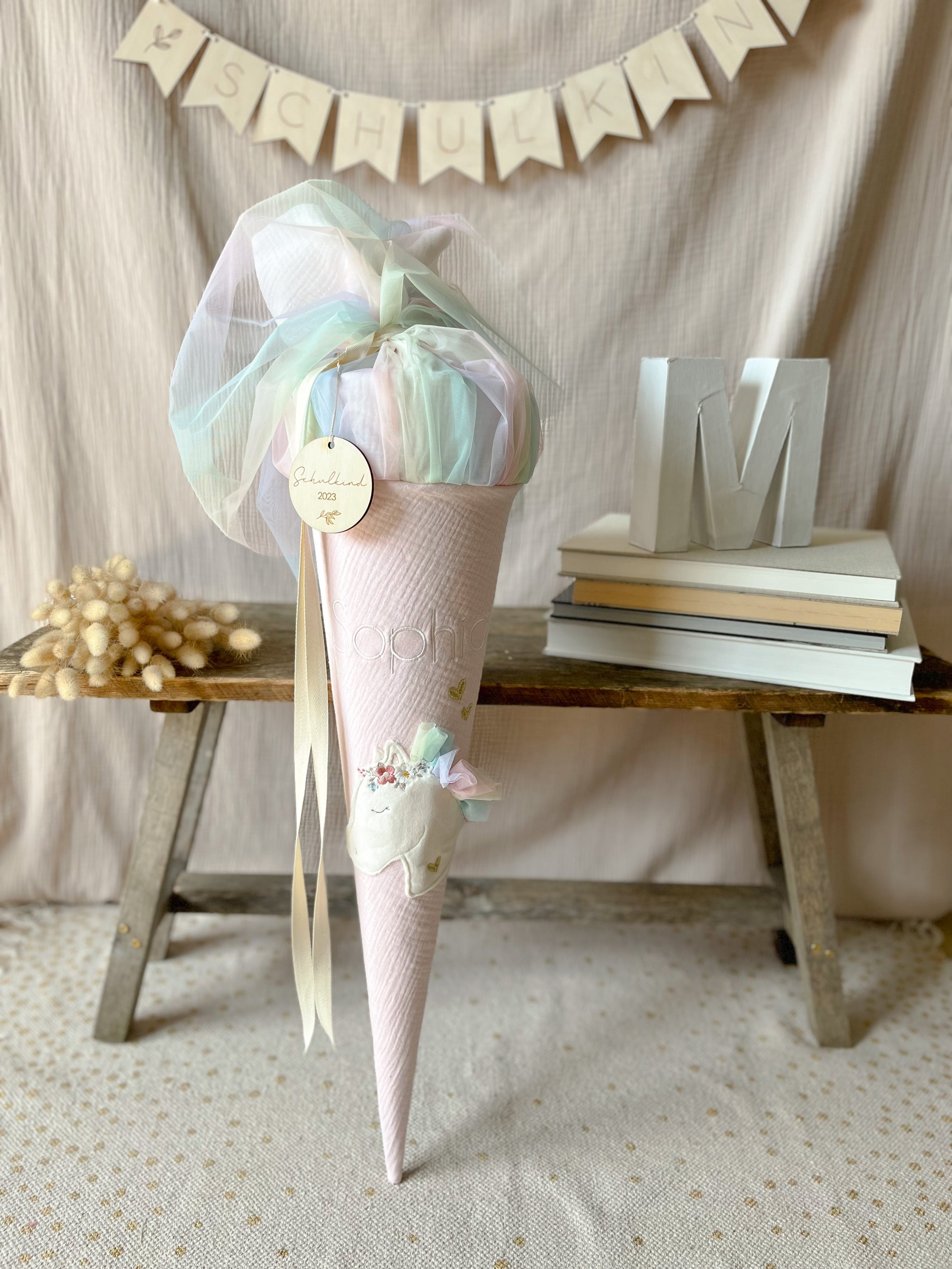 Schultüte BOHO PONY Pferdekopf | Musselin Hellrosa | Name optional wählbar