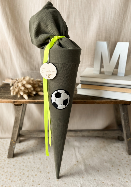 Schultüte Fußball | Musselin Khaki | 3D Fußball Applikation | Optional mit Name