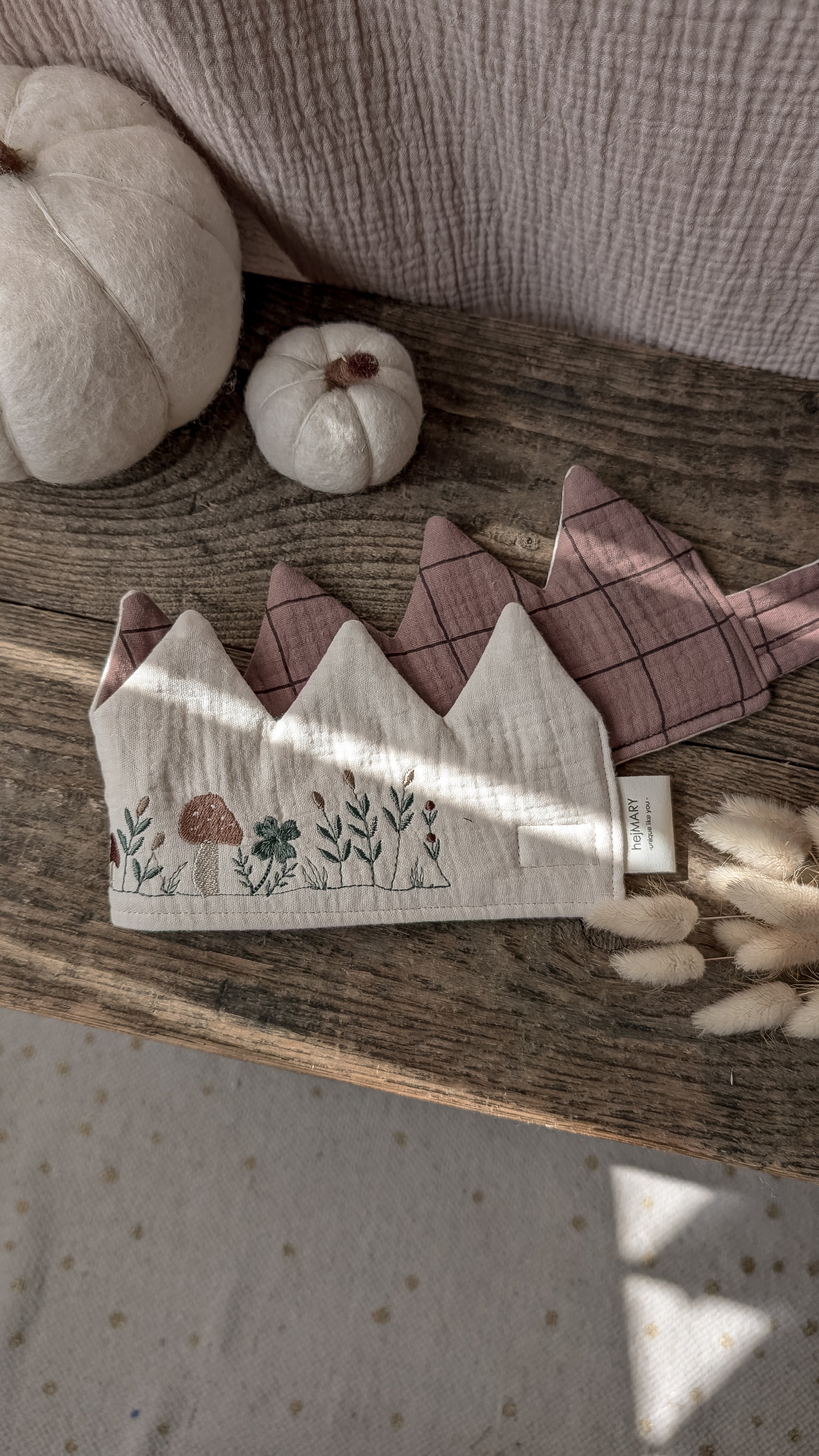 Geburtstagskrone Musselin Herbstwiese Beige/ Braun kariert