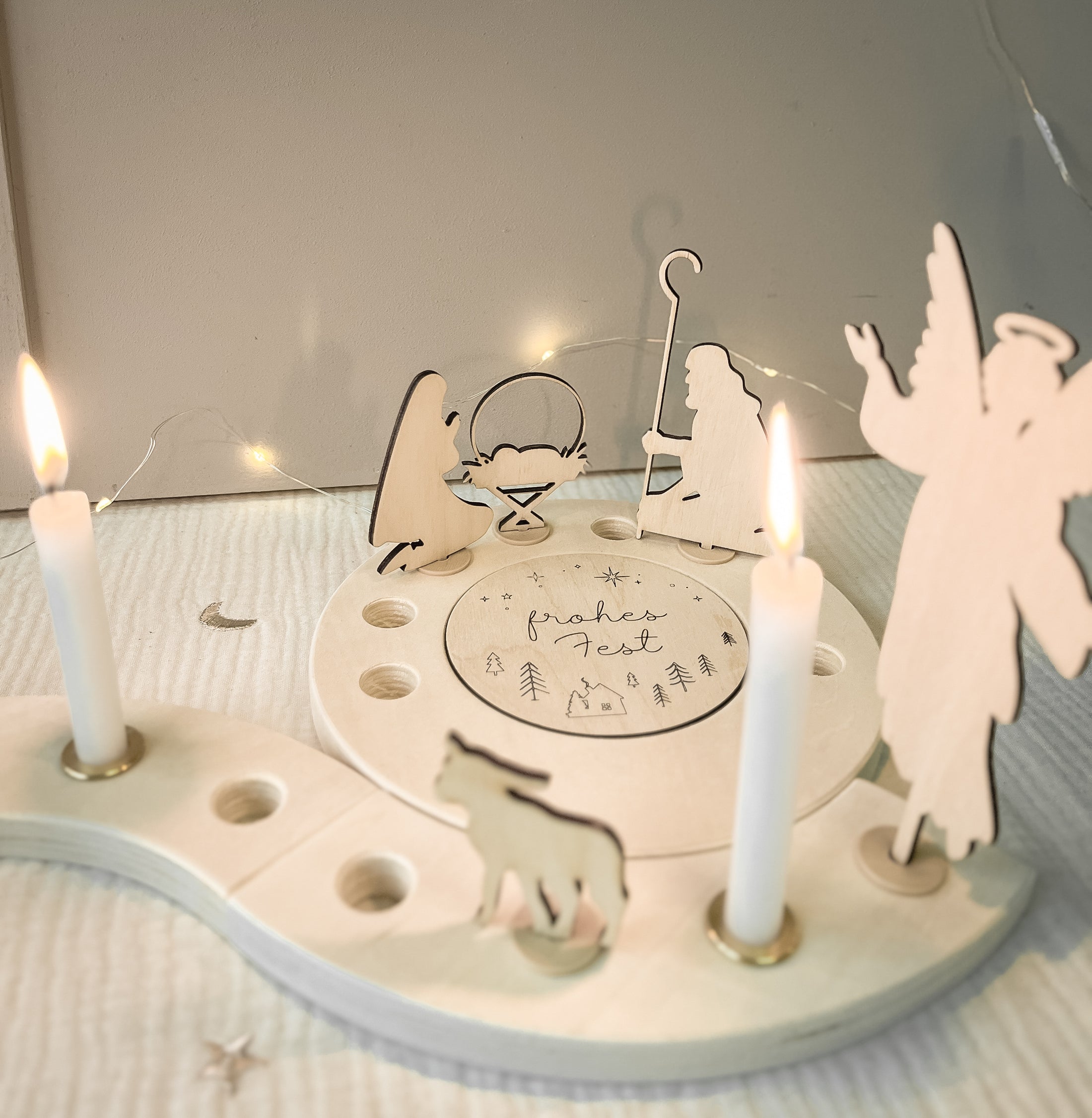 Moderne Krippe *XXL-SET* aus Holz | Adventsspirale Waldorf | Krippenfiguren neutrale Farben | Jahreszeitentisch | Adventskranz | Krippenspiel
