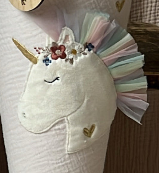 Applikation Aufnäher BOHO Einhorn / Patch mit Kuschlfell, Blumenkrone und Einhorn