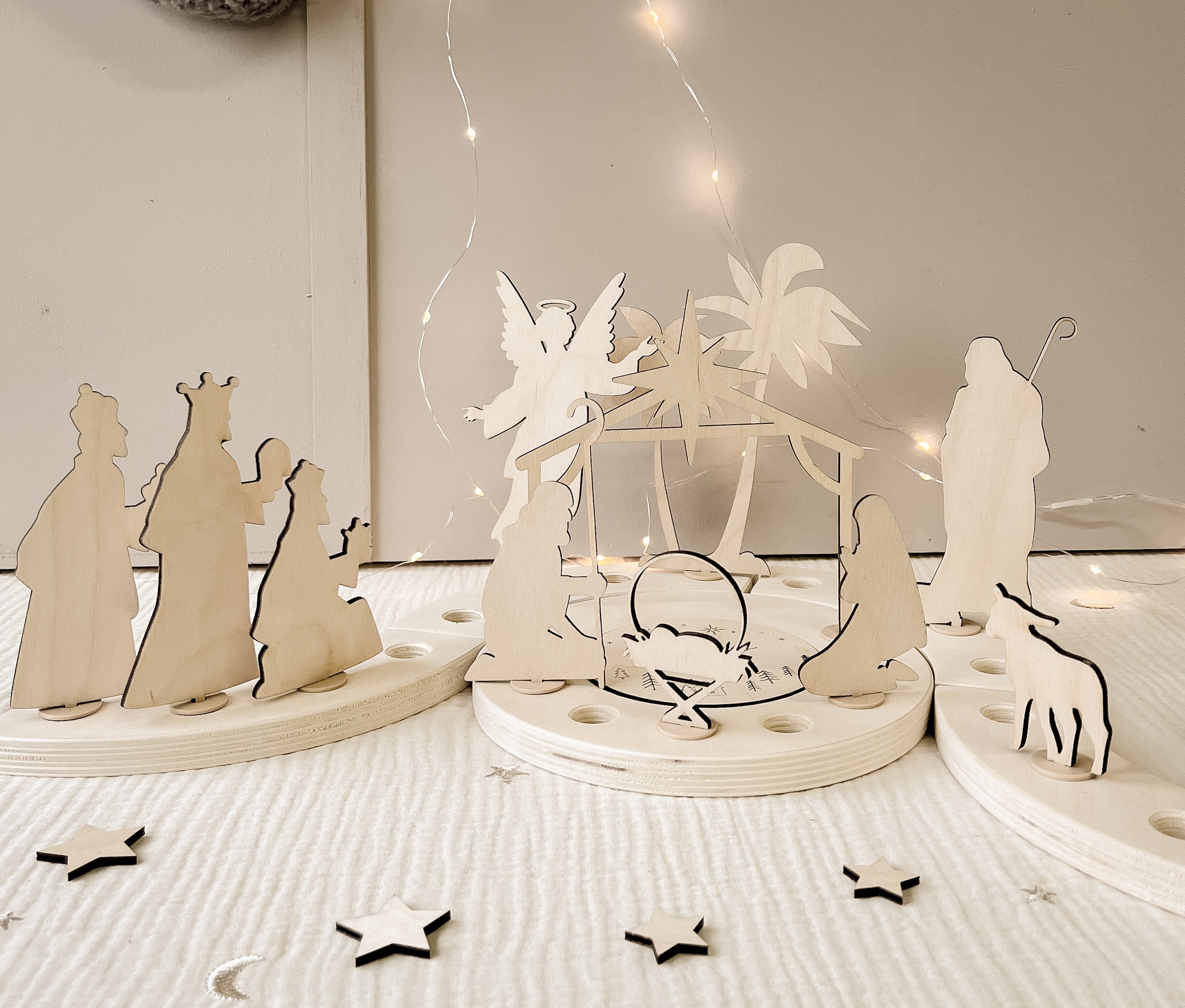 Moderne Krippe *XXL-SET* aus Holz | Adventsspirale Waldorf | Krippenfiguren neutrale Farben | Jahreszeitentisch | Adventskranz | Krippenspiel