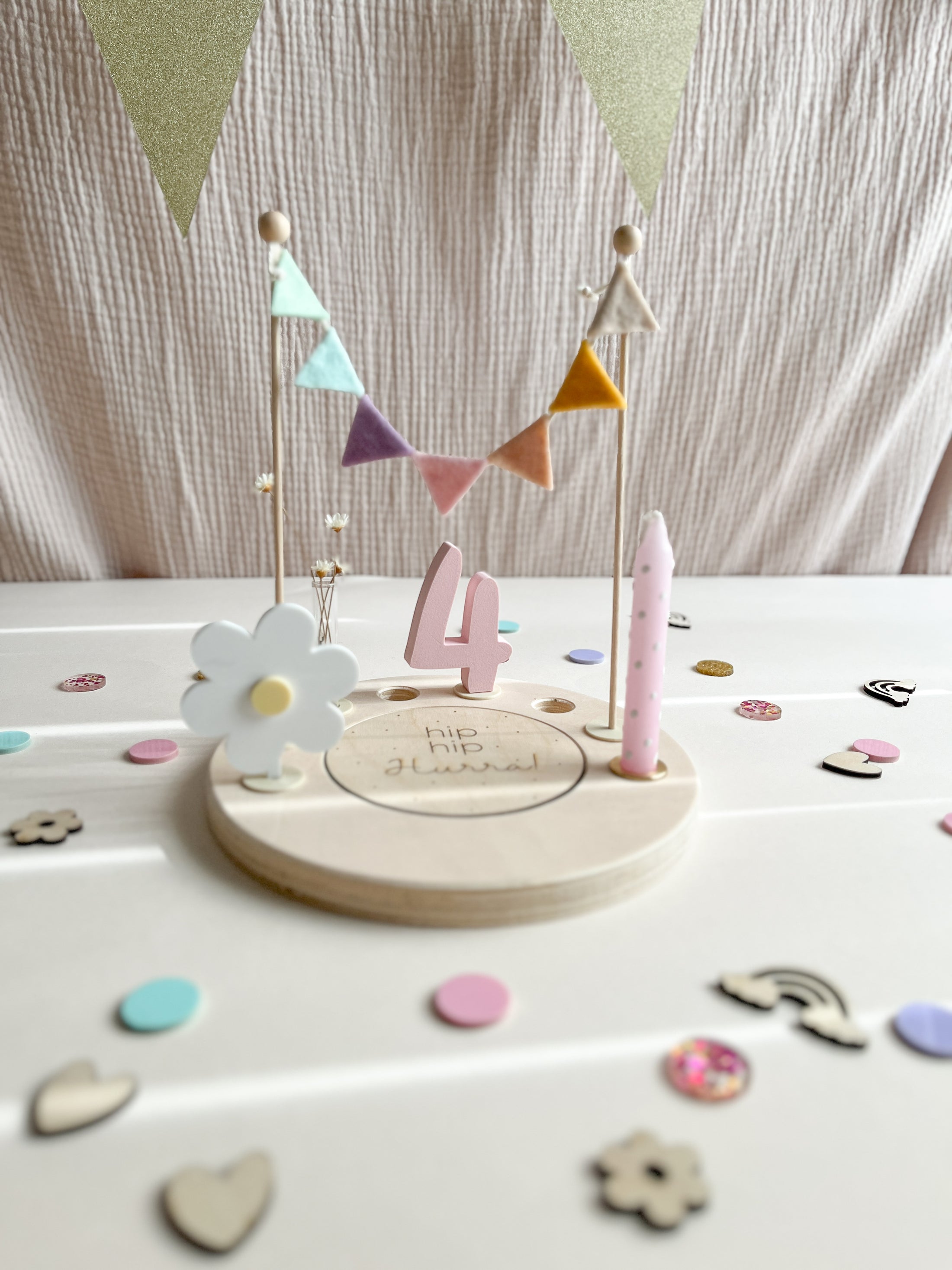 Mini Wimpelkette | Motivstecker für Geburtstagskranz | Regenbogen Pastellfarben | Wollfilz