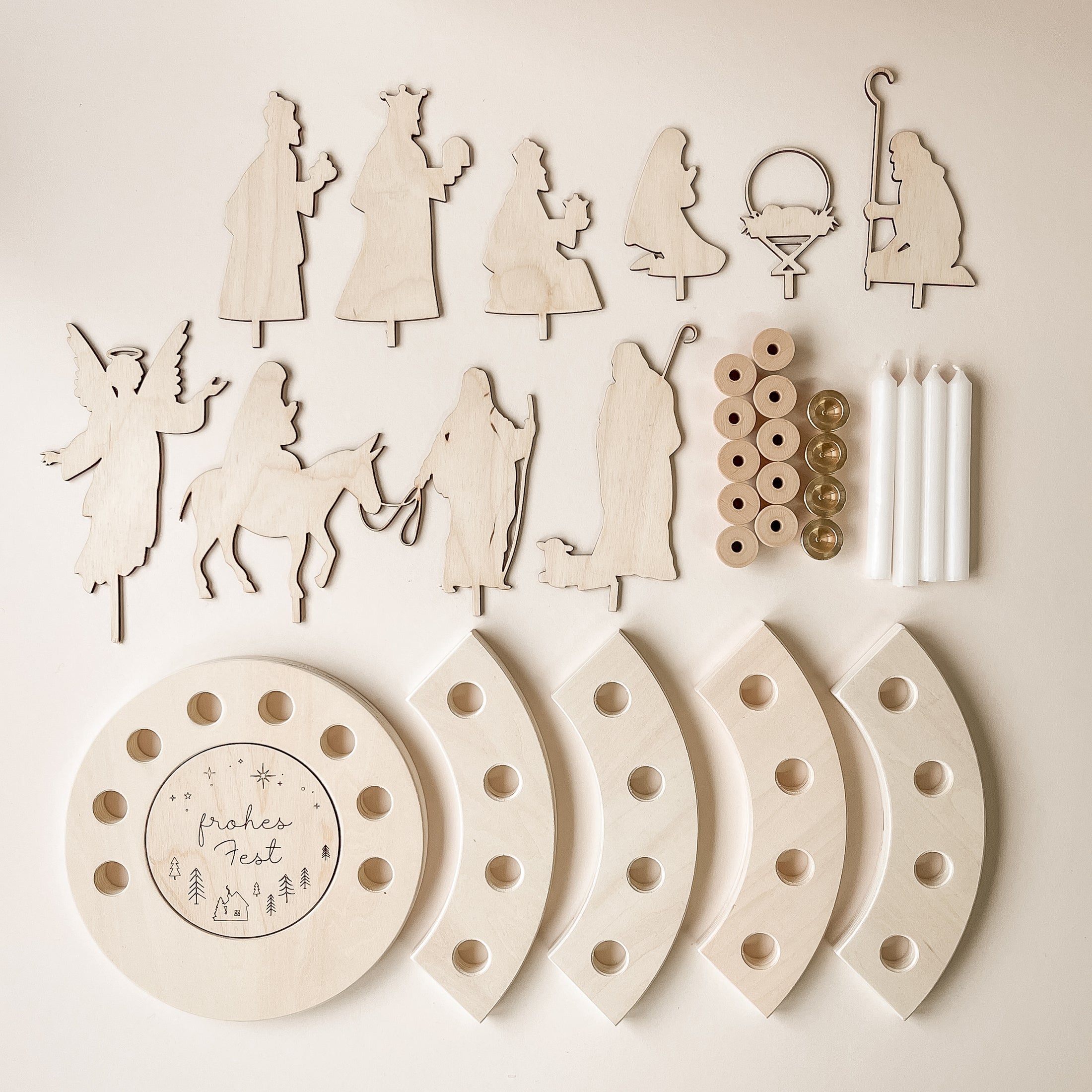 Moderne Krippe *XXL-SET* aus Holz | Adventsspirale Waldorf | Krippenfiguren neutrale Farben | Jahreszeitentisch | Adventskranz | Krippenspiel