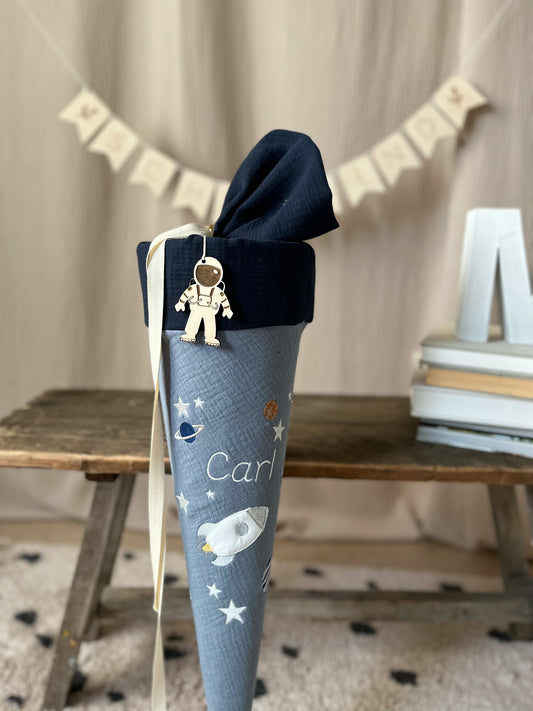 Schultüte WELTALL Weltraum Rakete | Musselin Graublau und Dunkelblau | Optional mit Name