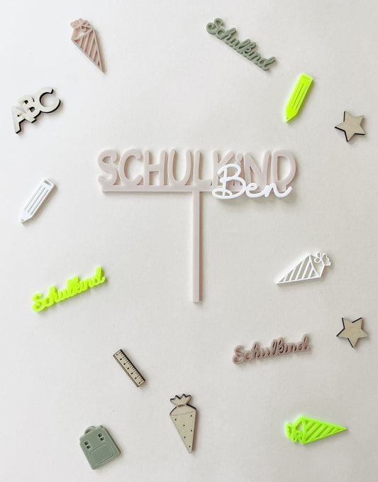 Motivstecker SCHULKIND 3D mit Name | Cake Topper Tortendeko zur Einschulung