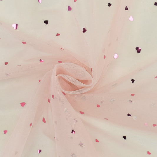 Meterware weicher Soft-Tüll in rosa mit Herzchen in Beere