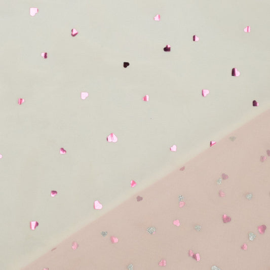 Meterware weicher Soft-Tüll in rosa mit Herzchen in Beere