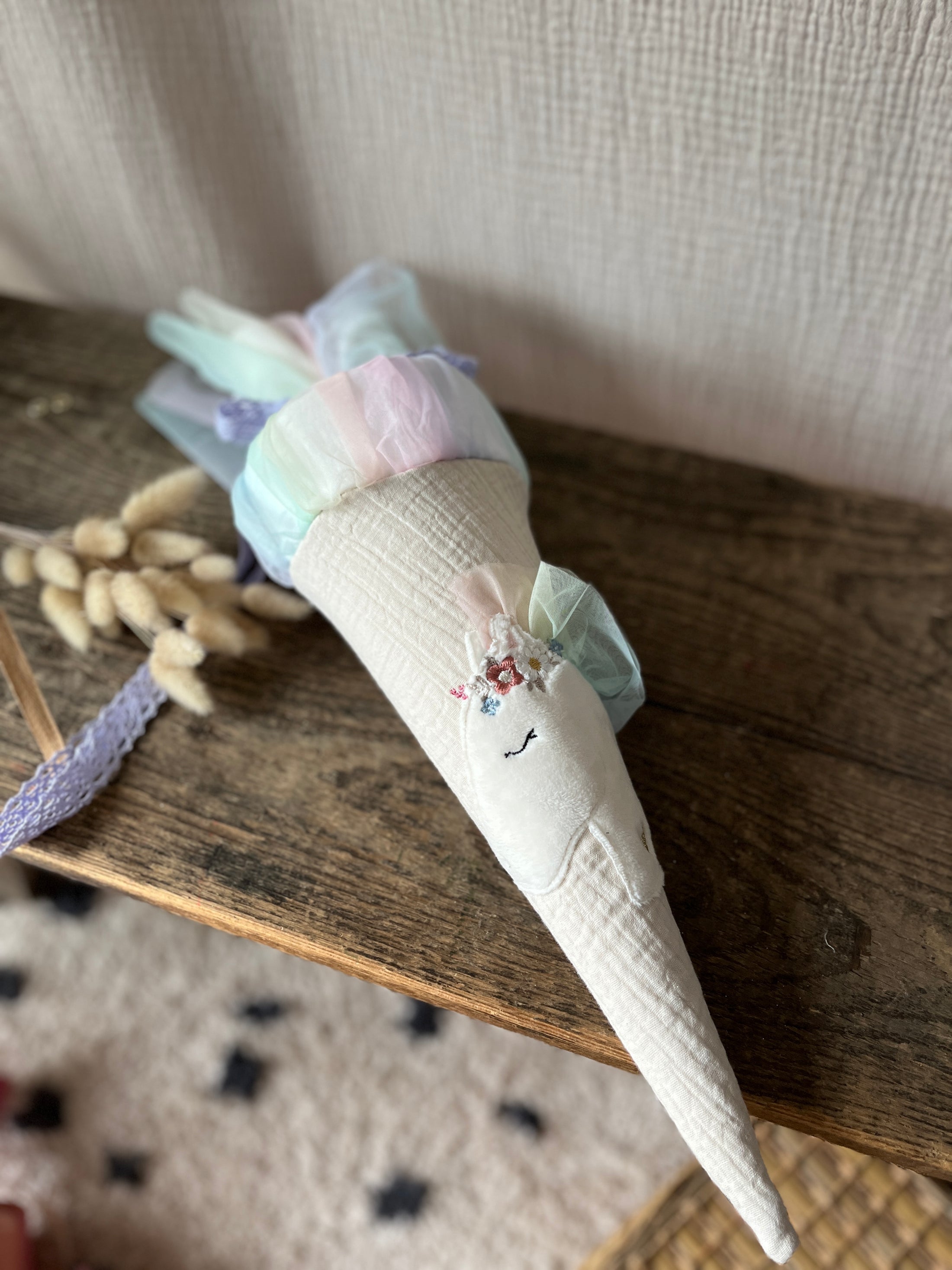 Kita-Tüte / Geschwistertüte Musselin Boho Pony | Musselin Natur & Regenbogentüll