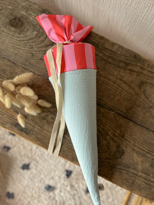 Kita-Tüte / Geschwistertüte Musselin Altmint - Rot-Rosa gestreift | Band in Gold