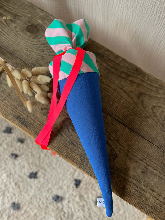 Kita-Tüte / Geschwistertüte Musselin Royalblau - Grün-Rosa gestreift | Band in Neonpink