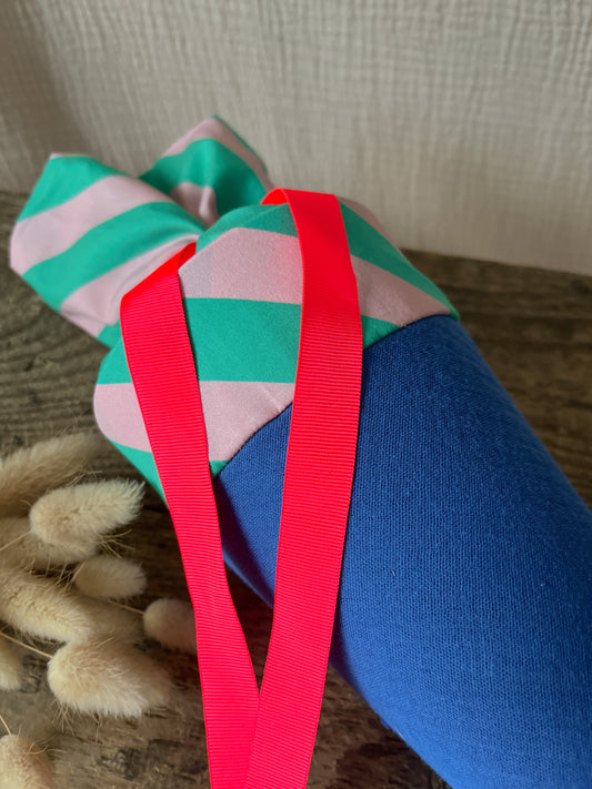 Kita-Tüte / Geschwistertüte Musselin Royalblau - Grün-Rosa gestreift | Band in Neonpink