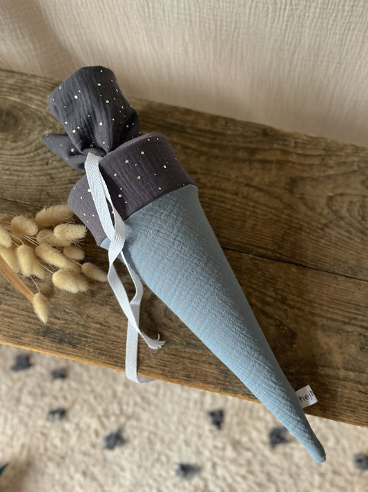 Kita-Tüte / Geschwistertüte Musselin Graublau - Anthrazit Silber | Band in Silber