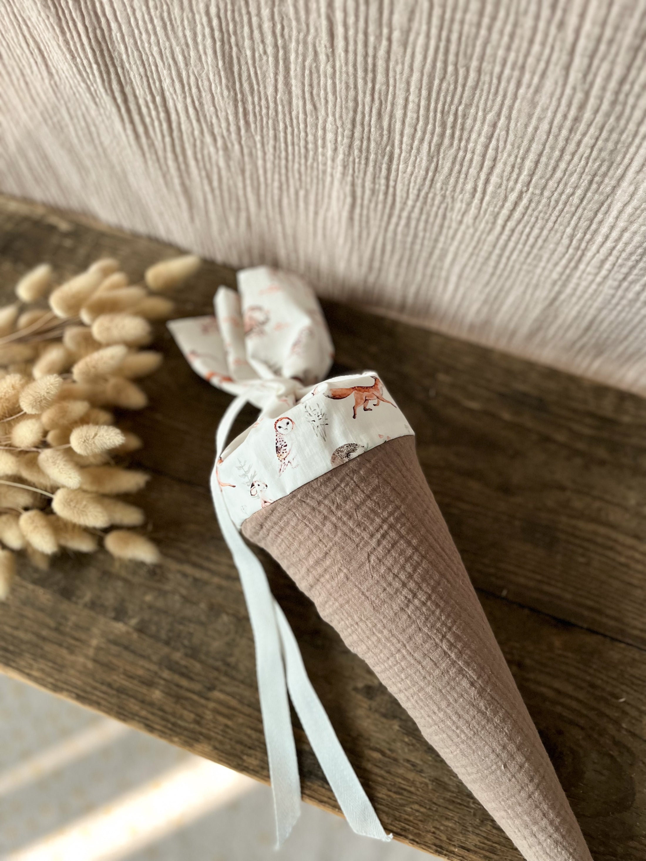 Kita-Tüte / Geschwistertüte Musselin Taupe / Waldtiere