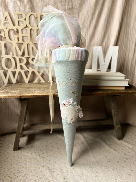 Schultüte BOHO PONY Pferdekopf | Musselin Altmint mit Regenbogentüll | Name optional wählbar