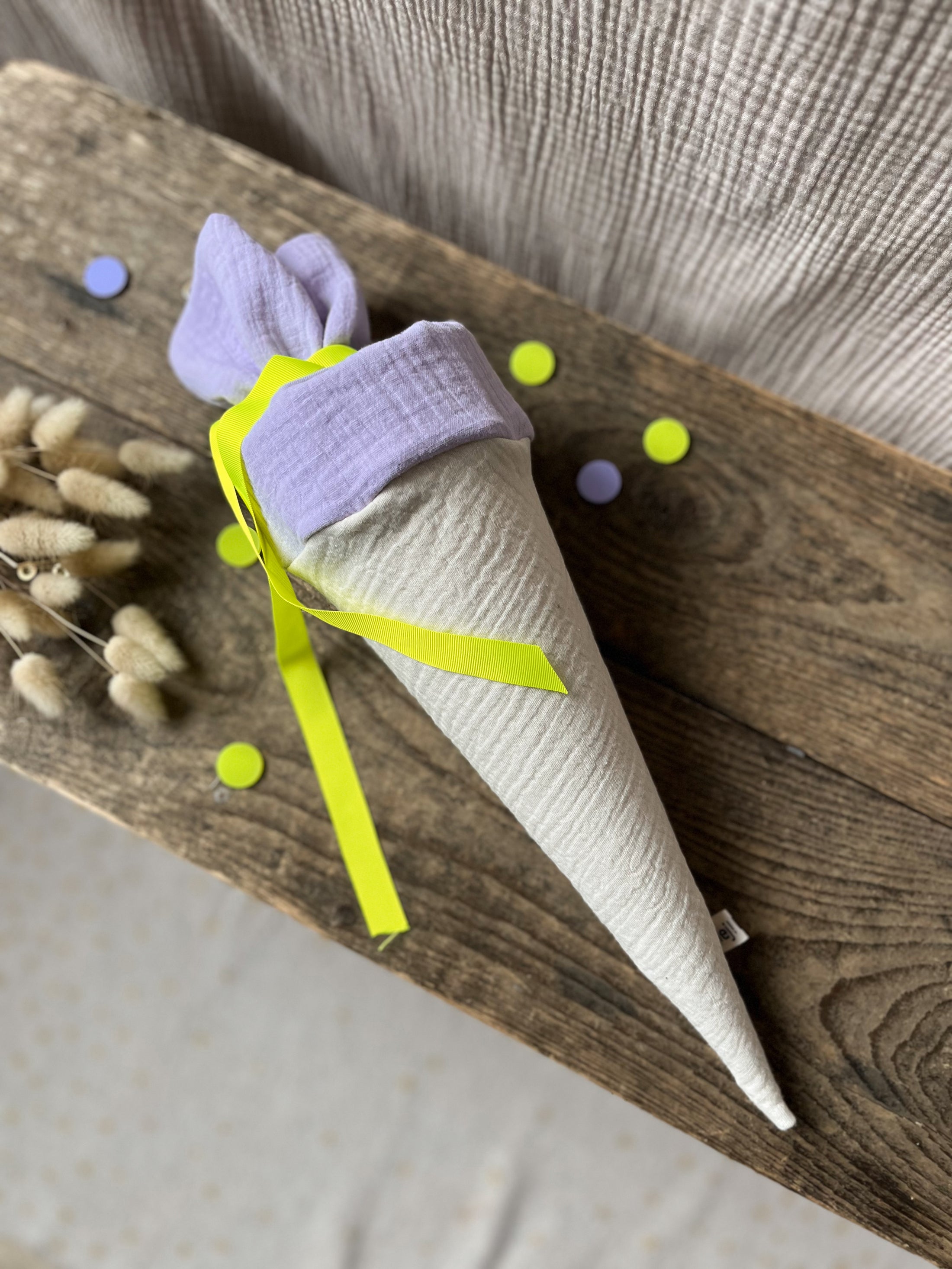Kita-Tüte / Geschwistertüte Musselin Colourblocking - Natur mit Flieder und Neon Band