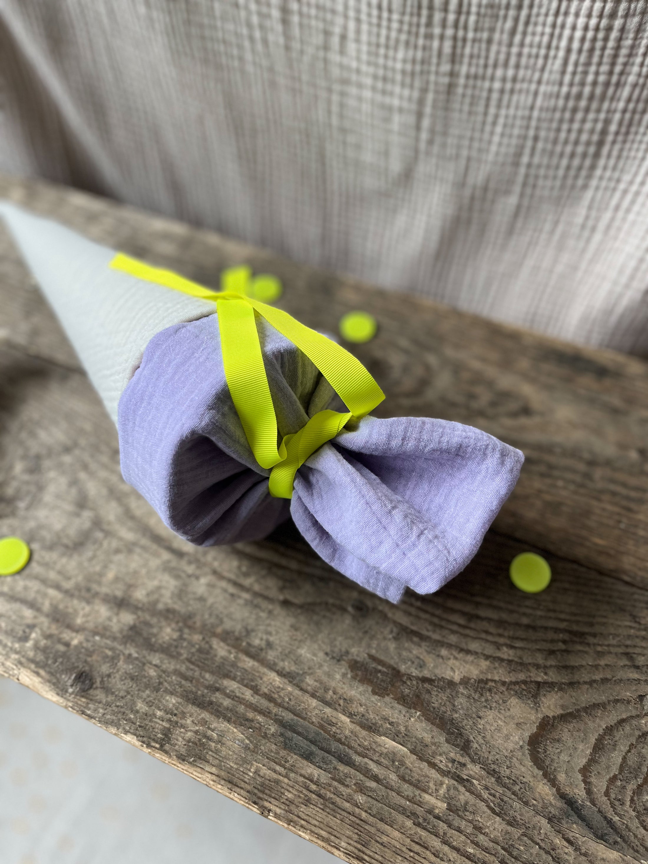 Kita-Tüte / Geschwistertüte Musselin Colourblocking - Natur mit Flieder und Neon Band