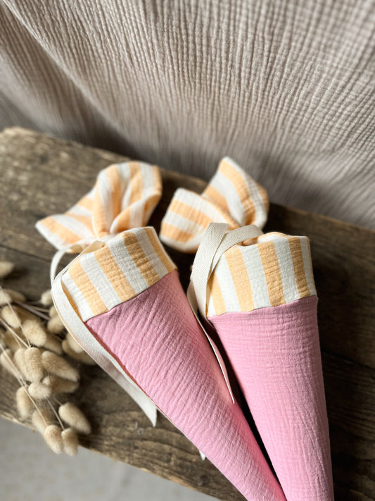 Kita-Tüte / Geschwistertüte Musselin Rosa/ Gelb gestreift