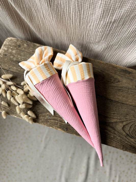 Kita-Tüte / Geschwistertüte Musselin Rosa/ Gelb gestreift