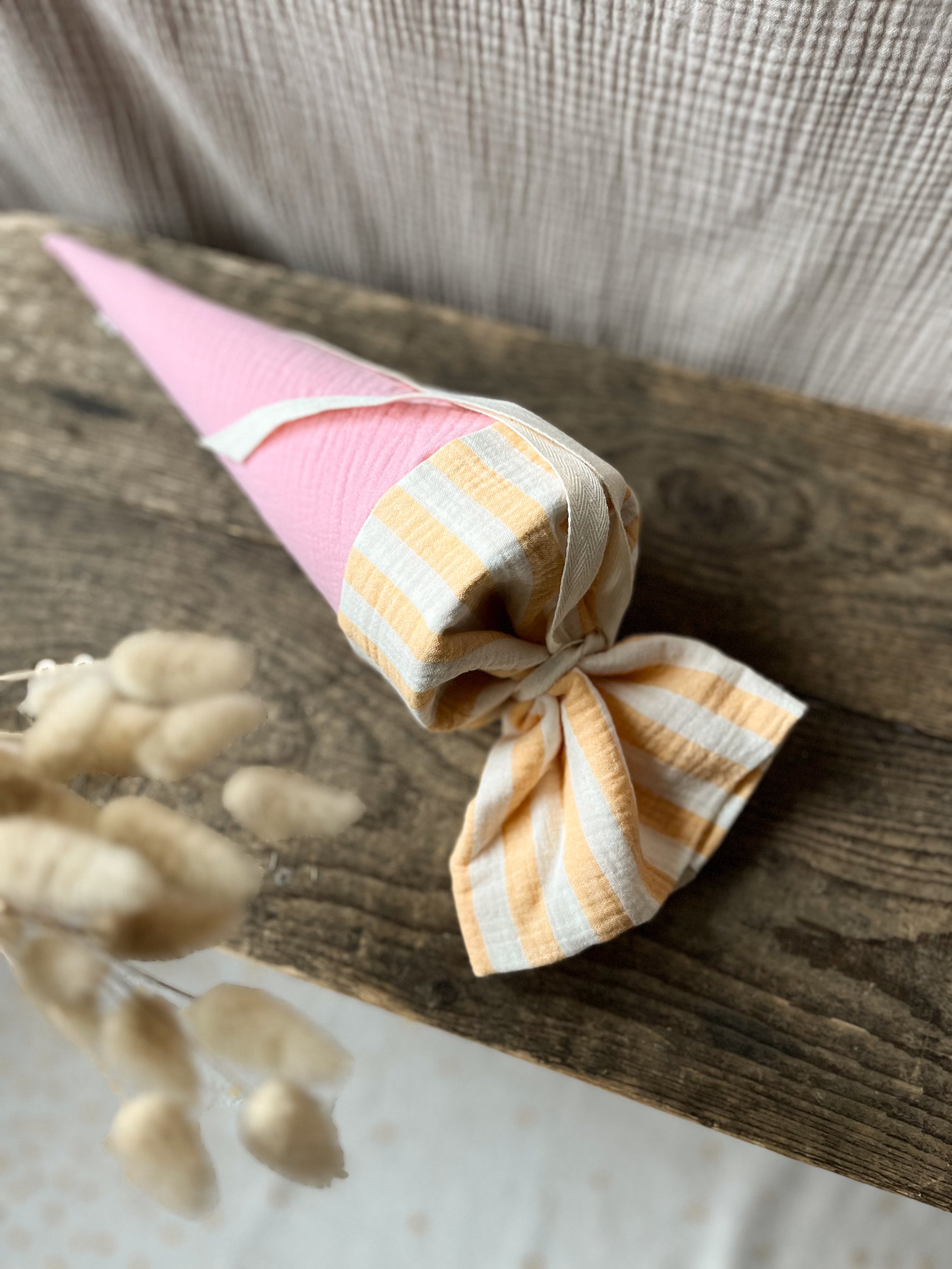 Kita-Tüte / Geschwistertüte Musselin Rosa/ Gelb gestreift
