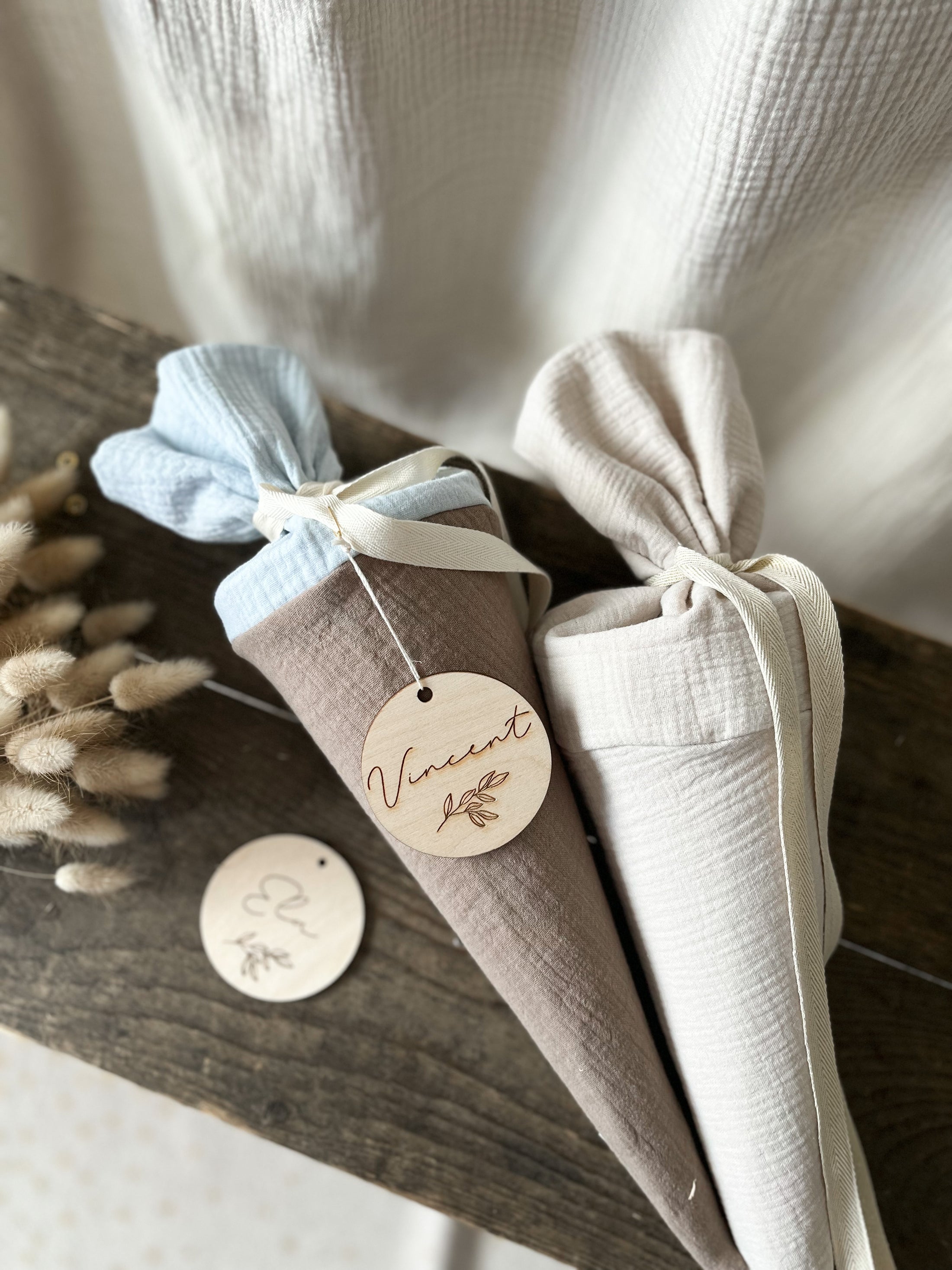 Kita-Tüte / Geschwistertüte Musselin Beige - Hellblau