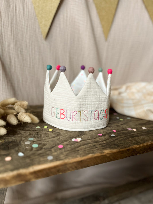 Geburtstagskrone Musselin Natur Geburtstagskind Neon Pink und Punkte