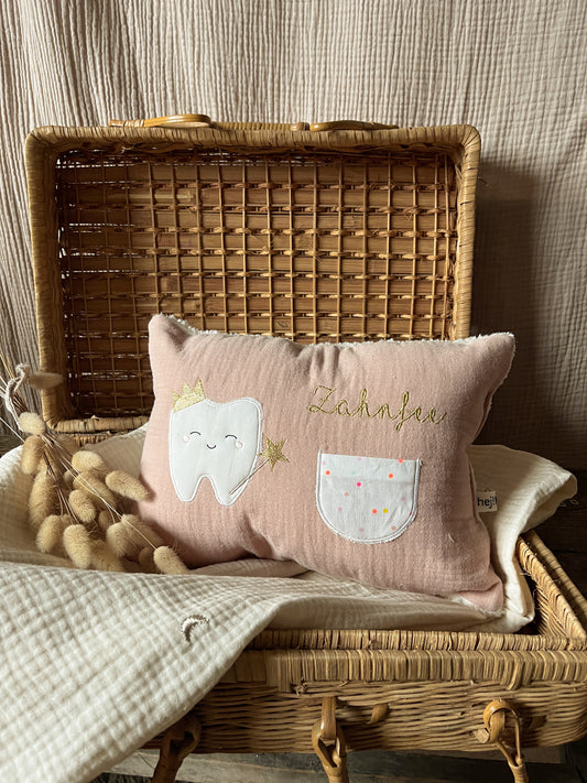 Zahnfeekissen Musselin Apricot | Tasche in Neon gepunktet | mit Name | Zahnfee Geschenk