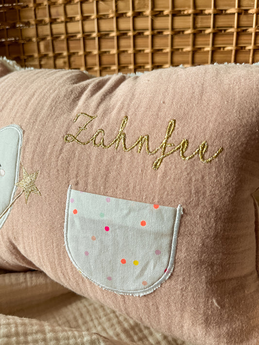 Zahnfeekissen Musselin Apricot | Tasche in Neon gepunktet | mit Name | Zahnfee Geschenk