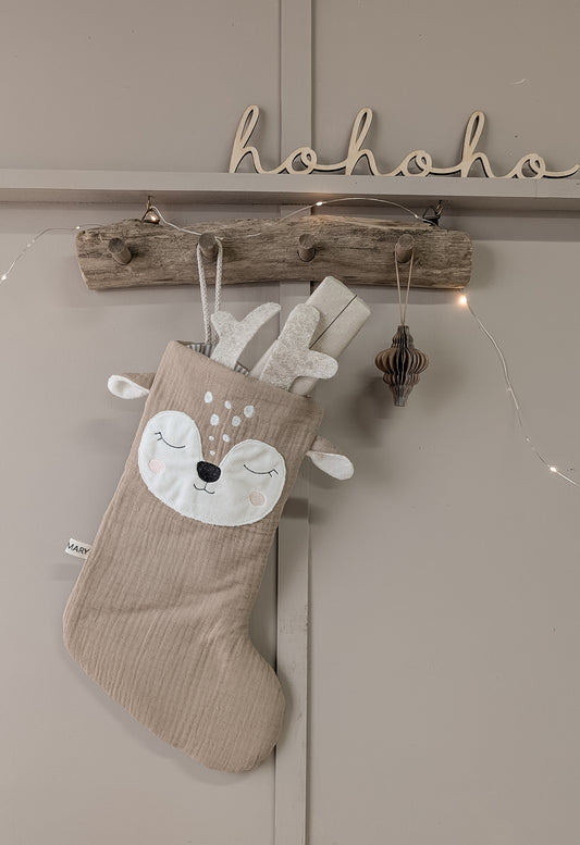 Nikolausstiefel mit Name | Weihnachtsstrumpf Tiermotiv Reh | Weihnachtssocke | nachhaltiges Nikolausgeschenk | handgenäht