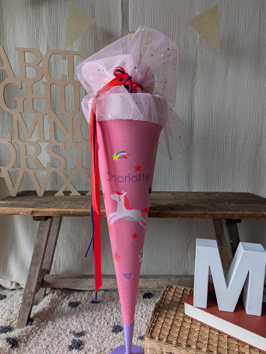 SALE% Schultüte Einhorn & Mini Motive | Pink und Sternchentüll | Name „Charlotte"