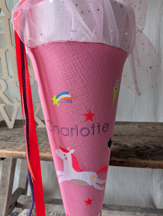 SALE% Schultüte Einhorn & Mini Motive | Pink und Sternchentüll | Name „Charlotte"