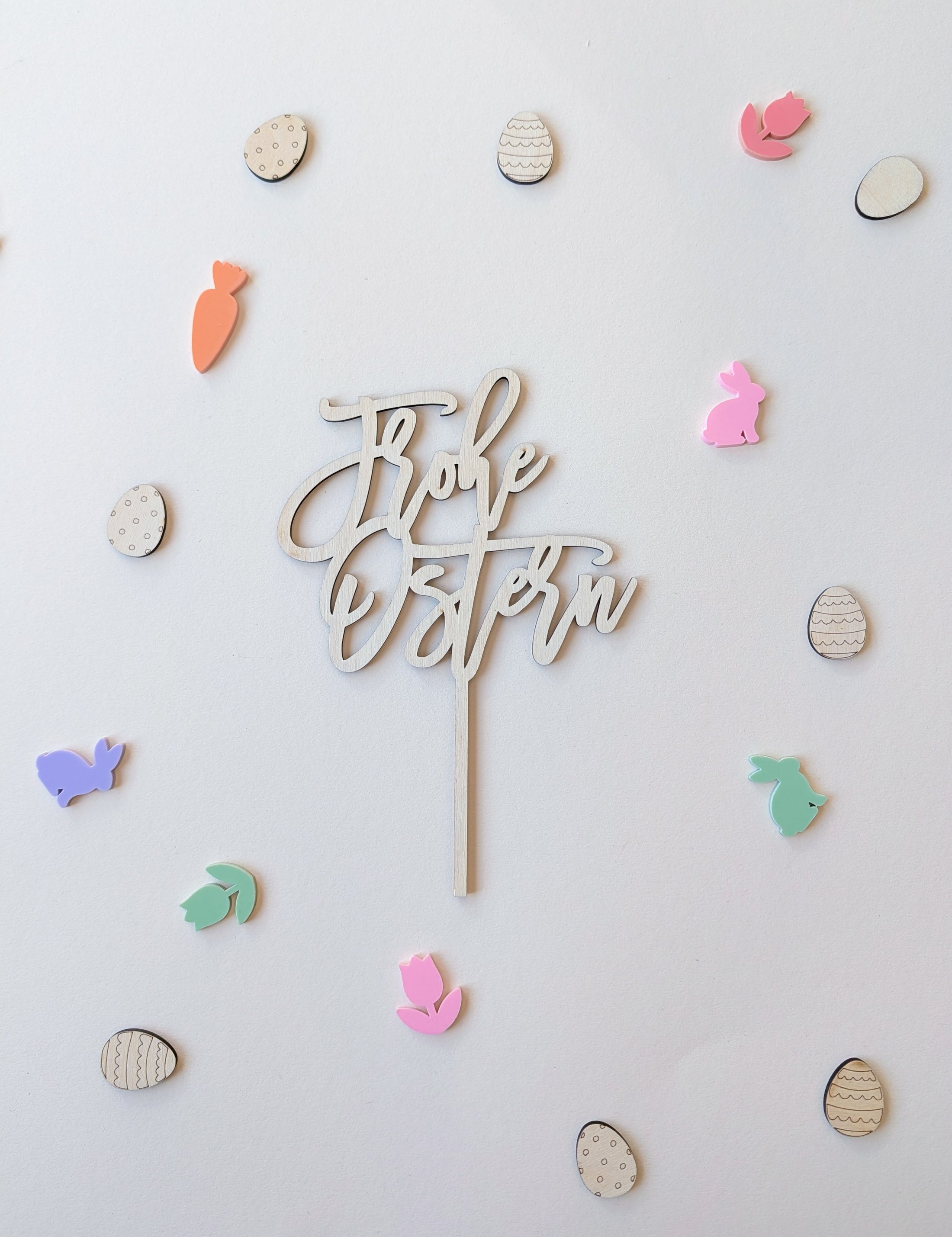 Stecker FROHE OSTERN Schreibschrift | Holz  | Motivstecker für den Geburtstagskranz