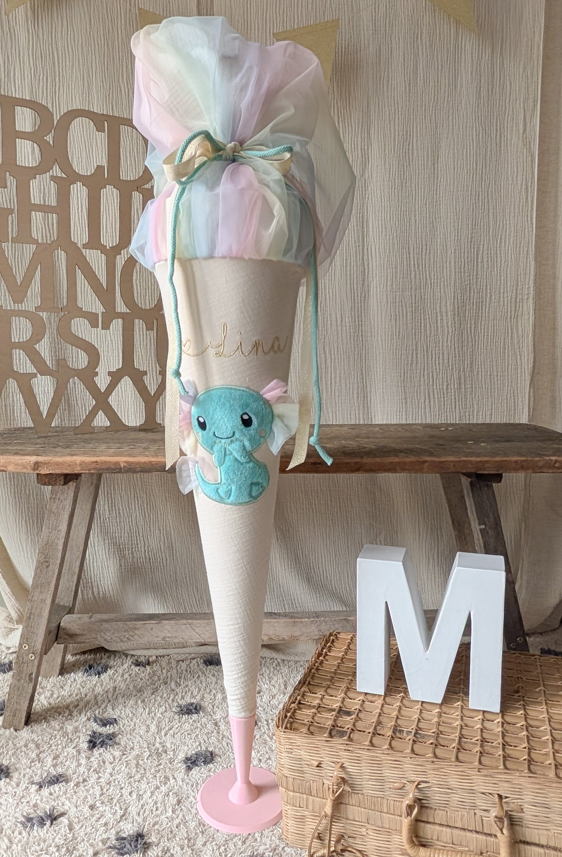 Schultüte AXOLOTL | Applikation in Türkis mit Tülldetails