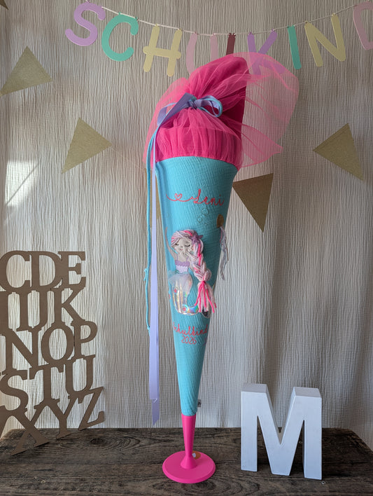 SALE% Schultüte Meerjungfrau Aqua/ Neonpink "Leni" | mit Namensstickerei "Leni"
