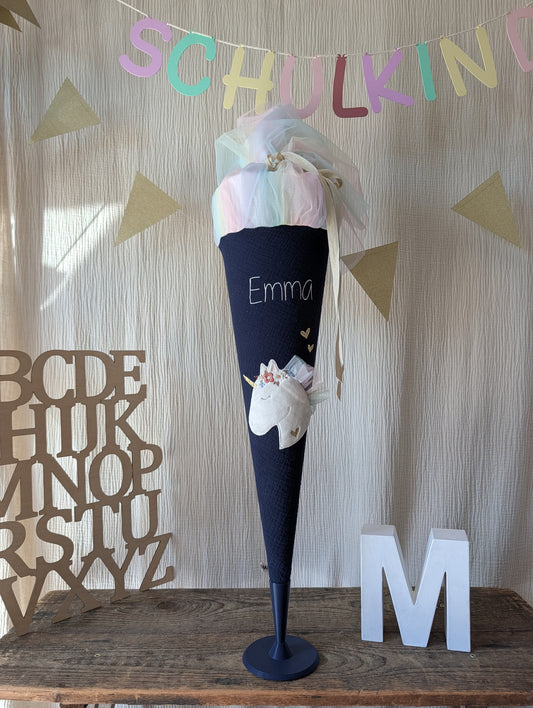 SALE% Schultüte Boho Einhorn in Dunkelblau und Regenbogentüll | mit Namensstickerei "Emma"