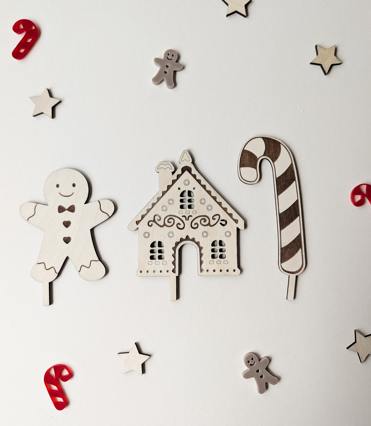 Motivstecker Lebkuchenmann | Lebkuchenhaus | Zuckerstange aus Holz