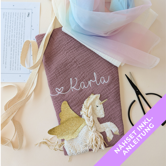 DIY Set Schultüte Pegasus Gold | Schultüte mit Einhorn aus Kuschelfell zum Selber nähen