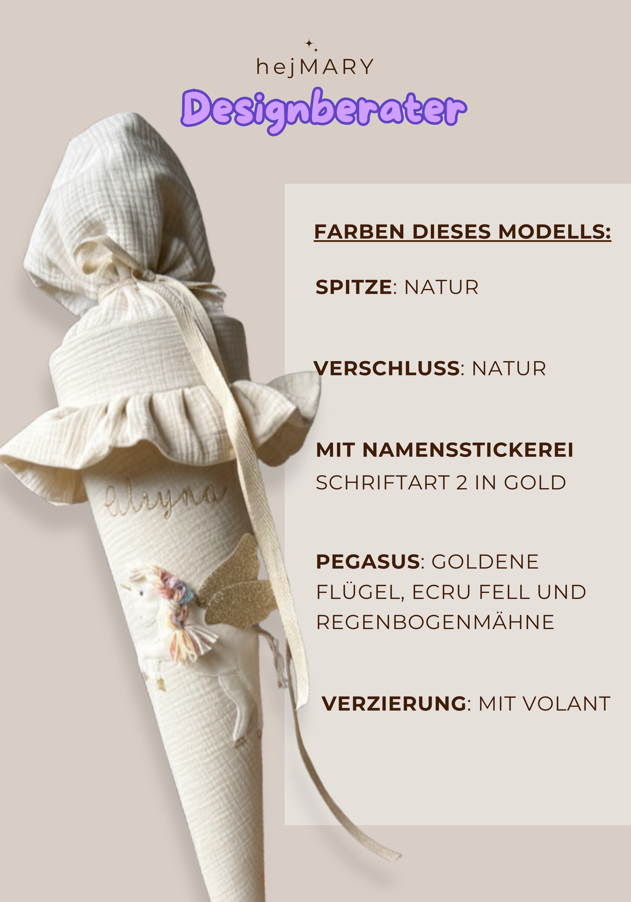 Schultüte Musselin Einhorn PEGASUS | freie Farbwahl