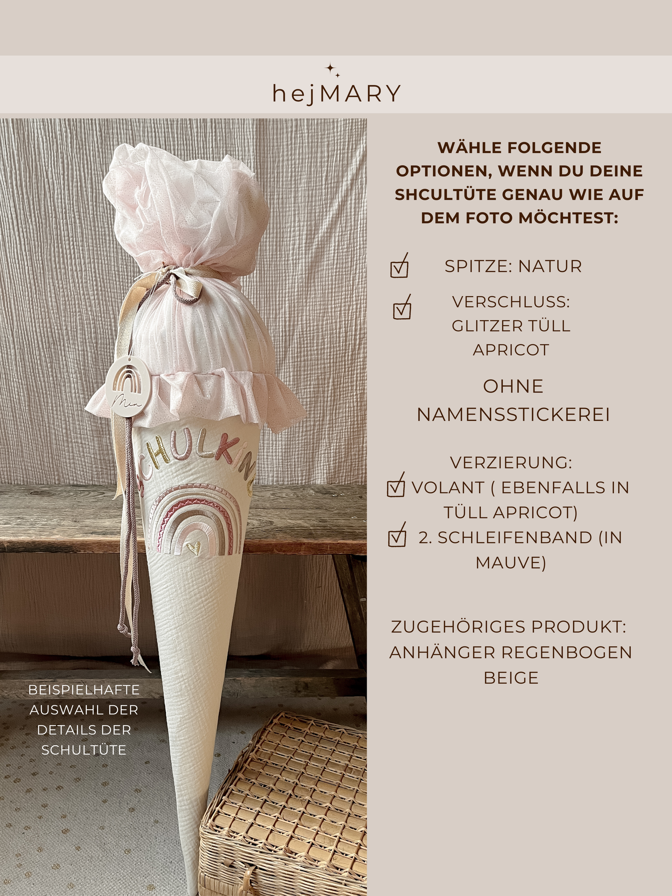 Schultüte Musselin Boho Regenbogen Stickerei mit bunter 3D Schrift