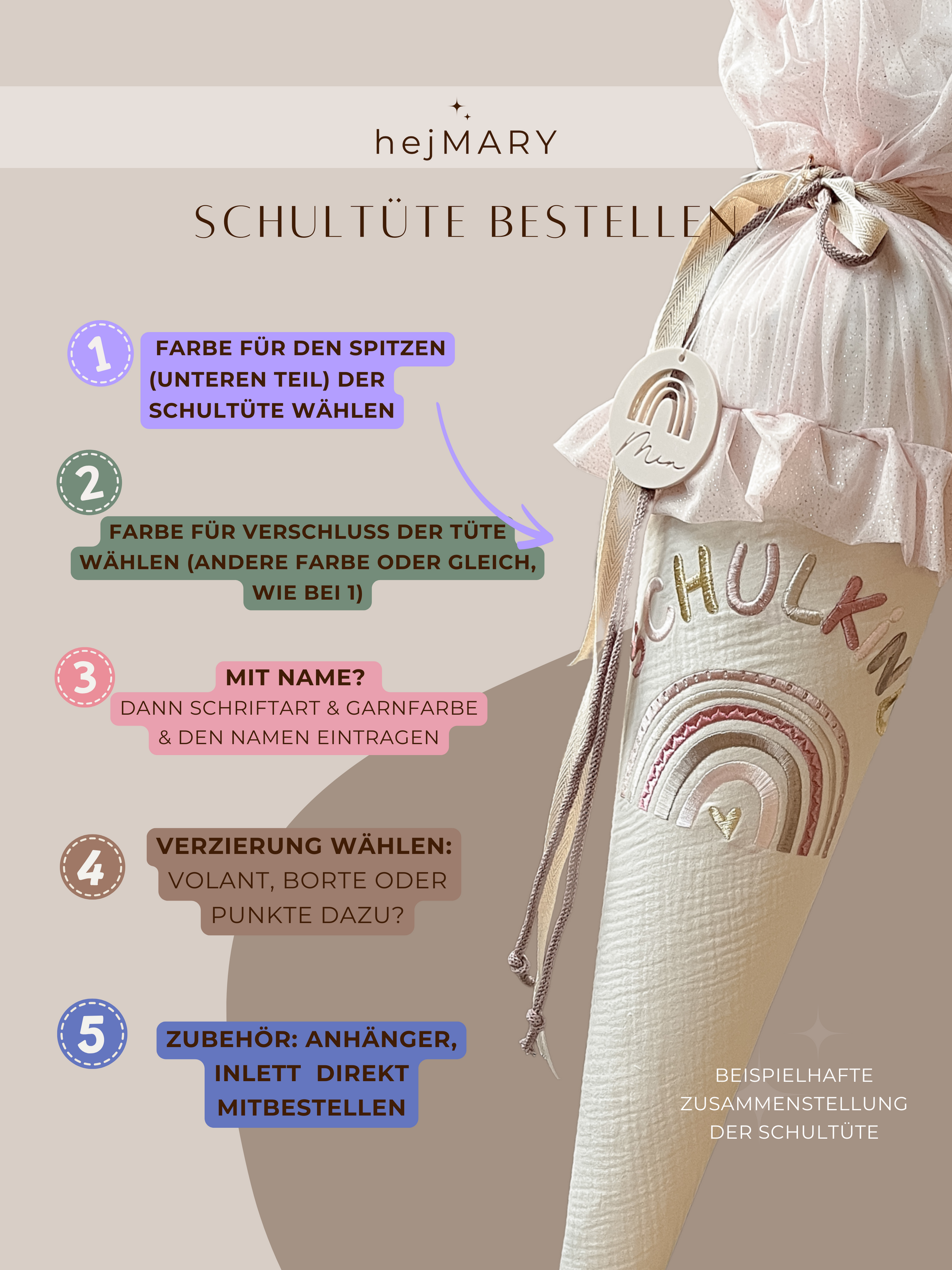 Schultüte Musselin Boho Regenbogen Stickerei mit bunter 3D Schrift