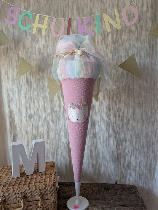 SALE% Schultüte Katze | mit Blumenkranz | Musselin Wildrose & Regenbogen Tüll