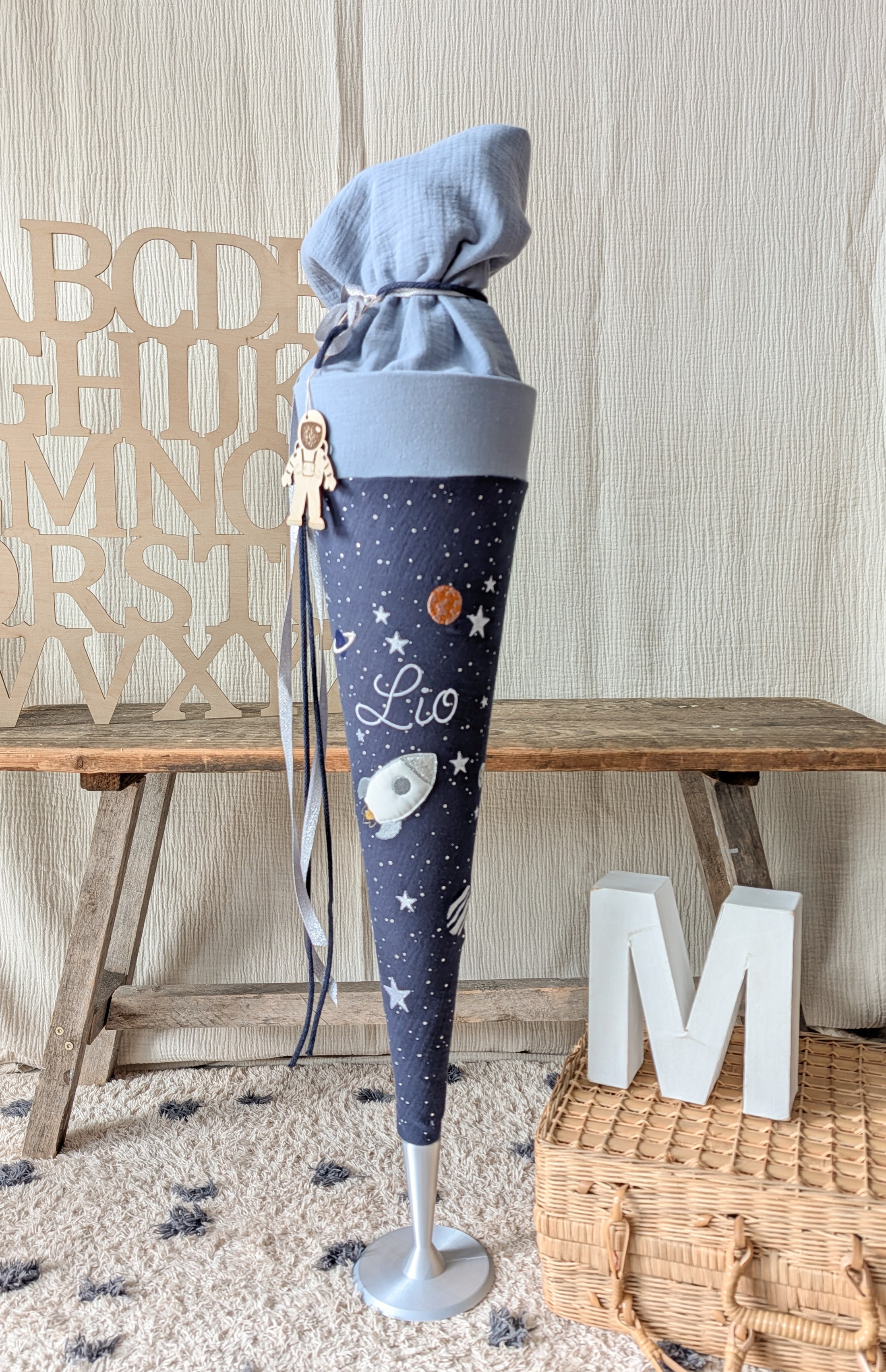 Schultüte WELTALL Weltraum Rakete | Musselin Dunkelblau Silber Punkte / Graublau | Optional mit Name