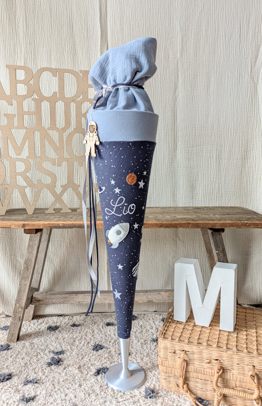 Schultüte WELTALL Weltraum Rakete | Musselin Dunkelblau Silber Punkte / Graublau | Optional mit Name