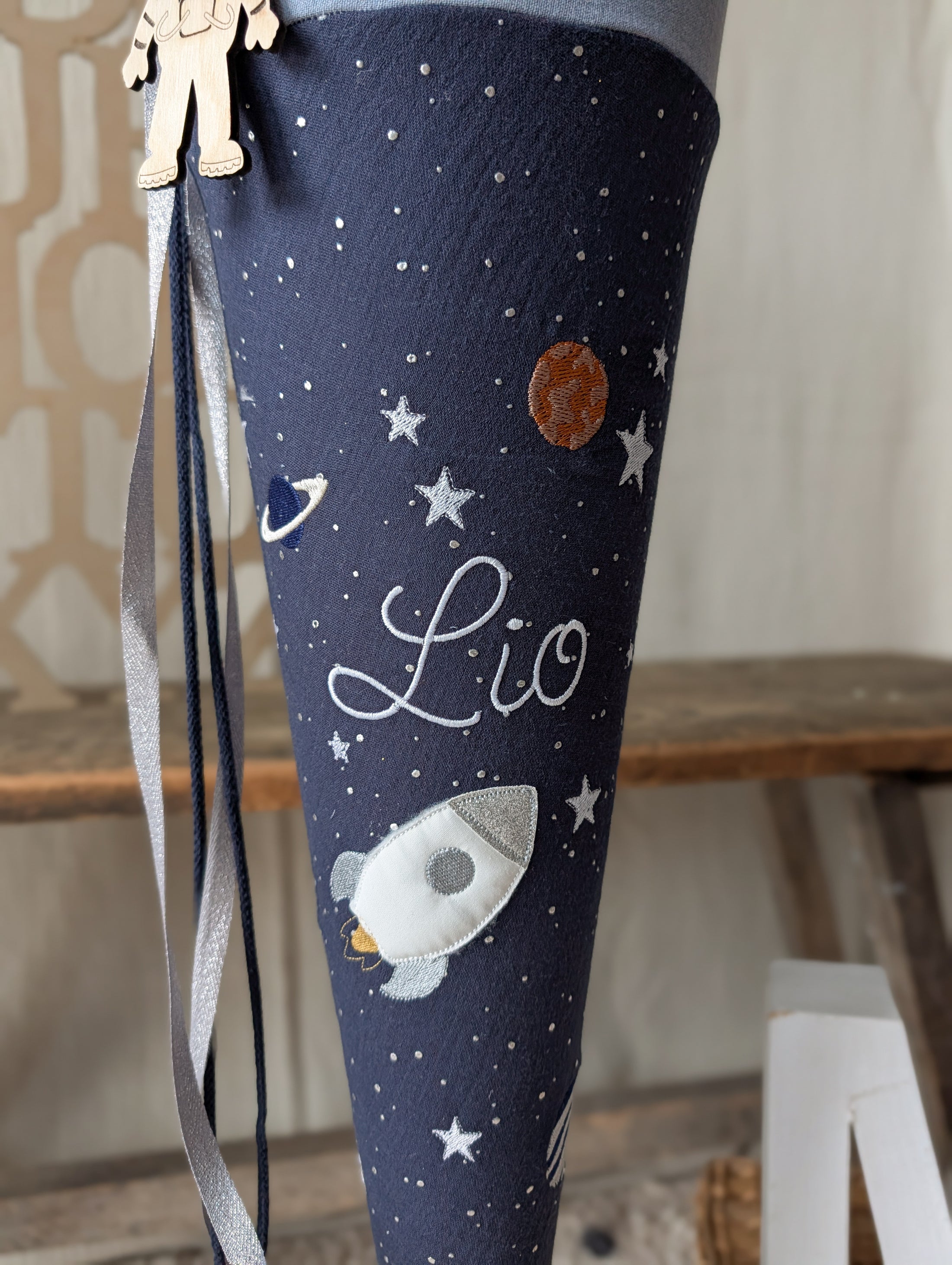Schultüte WELTALL Weltraum Rakete | Musselin Dunkelblau Silber Punkte / Graublau | Optional mit Name