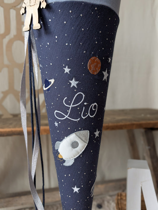 Schultüte WELTALL Weltraum Rakete | Musselin Dunkelblau Silber Punkte / Graublau | Optional mit Name
